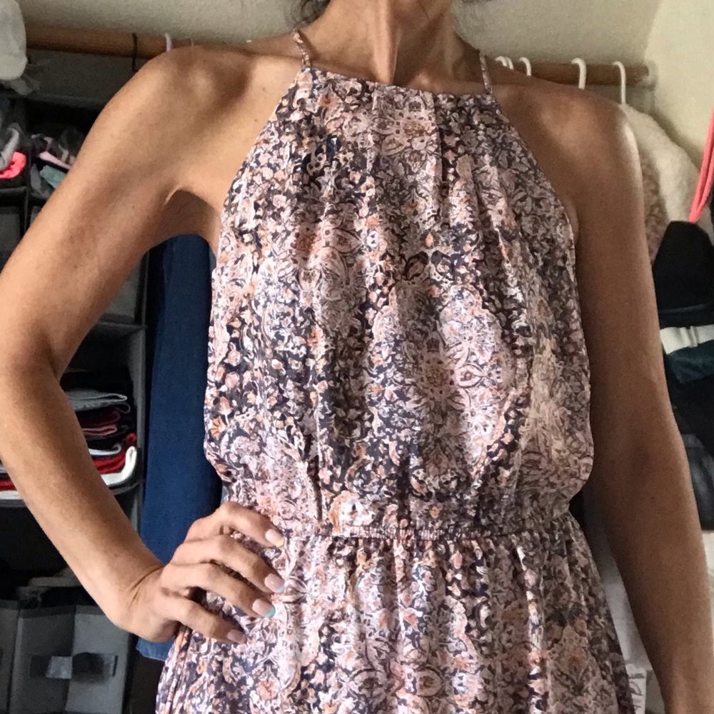Peach/Blue Floral Gathered Neck Mini Dress